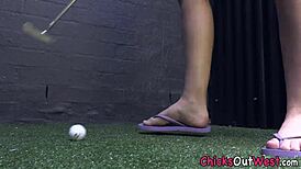 skinny aussie solos outdoors, using putter to toy herself