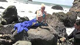 blonde lesbian tongues wet pussy while fingering girlfriend to orgasm