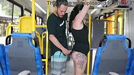old fat guy jerks off and cums on curvy brunette in bus