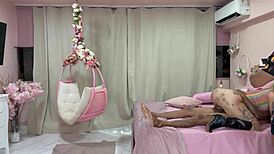 caught on cam eating hot blonde's hairy pussy on hammock swing backstage fuck