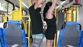 old fat guy jerks off and cums on curvy brunette in bus