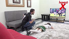 He fucks his friend hard and cums in her mouth and tits