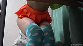 so this japanese girl at her desk flashes upskirt panties cameltoe