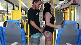 old fat guy jerks off and cums on curvy brunette in bus