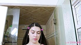 bold brunette queen showers then daddy milf action on sofa 😈🛁