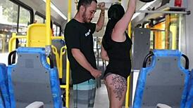 old fat guy jerks off and cums on curvy brunette in bus