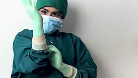 sexy nurse in latex gloves strokes patient cock hospital fetish