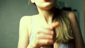 Watch her red lips stroke boyfriend's cock close-up till he explodes in moans!