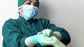 sexy nurse in latex gloves strokes patient cock hospital fetish