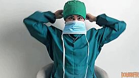 sexy nurse in latex gloves strokes patient cock hospital fetish