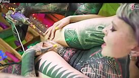 Three tattooed lesbians swap cum after gaping anal creampies and ass worship