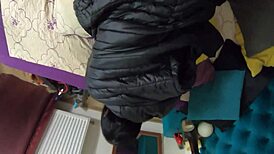 Face Fucking Doggystyle Cumshot on Downjacket Liner for Husband Lick