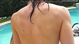 damn babe, that hot shaved euro teen gives wet poolside blowjob fingering her pussy underwater