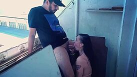 outdoor milf bends over public balcony for big cock anal creampie.