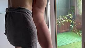 massive muscle milf's tight ass slammed against window by bodybuilder's huge cock as she screams