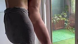 massive muscle milf's tight ass slammed against window by bodybuilder's huge cock as she screams