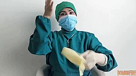 sexy nurse in latex gloves strokes patient cock hospital fetish
