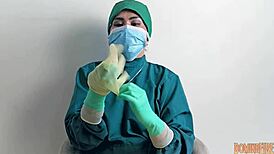 sexy nurse in latex gloves strokes patient cock hospital fetish