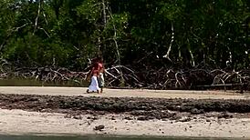 Latina milf with small firm tits fucks on beach in wet outdoor teasing session