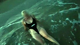 blonde teases with tits then drops for public beach cock suck