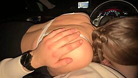 Picked up sexy student whore on road fucked her mouth deep in car parking lot till cumshot