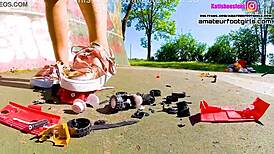 Kati Tramples Crushes Giant Toy Cars Sneakers Stomping