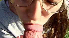 passionate pov outdoor blowjob ends in creampie for cute brunette