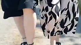 granny's 66 year old feet flash turns me on in sunny forest walk