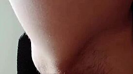 Skinny brunette masturbates hairy beaver solo until intense orgasm hits