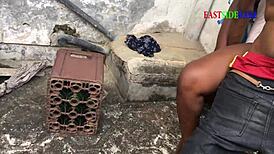 Chubby ebony girlfriend rides big black cock cowgirl in public outdoor threesome creampie wet