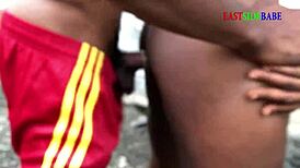 Chubby ebony girlfriend rides big black cock cowgirl in public outdoor threesome creampie wet