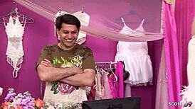 Big tits bride Jannet and girlfriend Sharon Pink lure guys into steamy store MMF threesome seduction