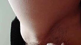 Skinny brunette masturbates hairy beaver solo until intense orgasm hits