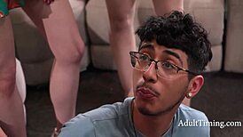 Lucky guy pounds five horny milfs in wild gangbang frenzy