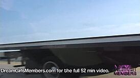 dream girl brunette with big tits goes topless nude flashing public in convertible over skyway bridge!