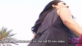 dream girl brunette with big tits goes topless nude flashing public in convertible over skyway bridge!