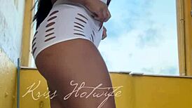 Naughty Brunette Wife Flashes Big Tits Ass Cameltoe in Short Shorts to Gym Friend Voyeur Style