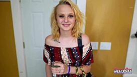 Lovely petite blonde Bonnie Wolf pussy banged swallows cum