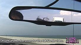 dream girl brunette with big tits goes topless nude flashing public in convertible over skyway bridge!