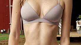 lingerie models pose barefoot around the country ranch