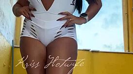 Naughty Brunette Wife Flashes Big Tits Ass Cameltoe in Short Shorts to Gym Friend Voyeur Style