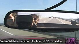 dream girl brunette with big tits goes topless nude flashing public in convertible over skyway bridge!