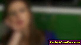 cumdrenched british babe spoons jizz straight into her mouth