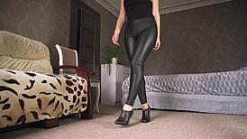 long legs tease ass in skin tight leather leggings