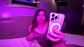 Cheating asian girlfriend masturbates wet shaved pussy on videocall with stranger's big cock