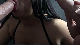 Latina Sucks Two Cocks Dry for Creamy Finish