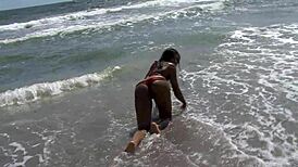 ebony babe rams dildo in fat ass publicly on florida beach