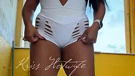 Naughty Brunette Wife Flashes Big Tits Ass Cameltoe in Short Shorts to Gym Friend Voyeur Style