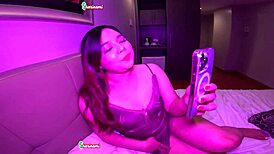 Cheating asian girlfriend masturbates wet shaved pussy on videocall with stranger's big cock