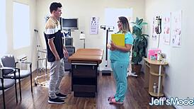 Chubby nurse Rose Lareine tempts young patient with big natural tits blowjob fuck